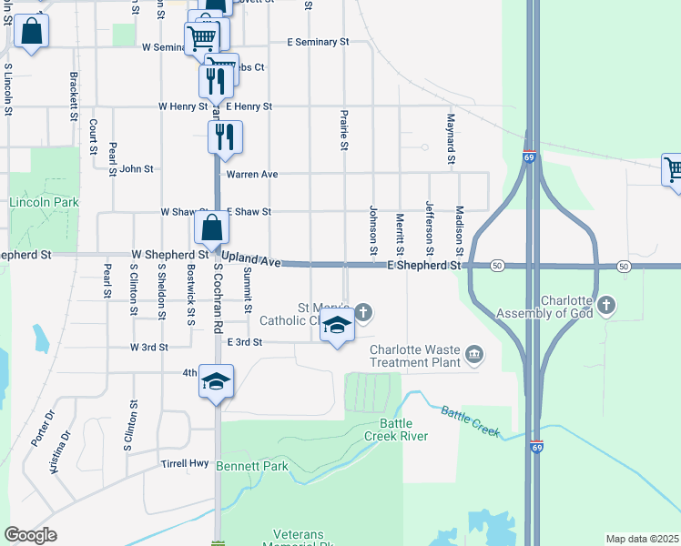 map of restaurants, bars, coffee shops, grocery stores, and more near 511 East Shepherd Street in Charlotte