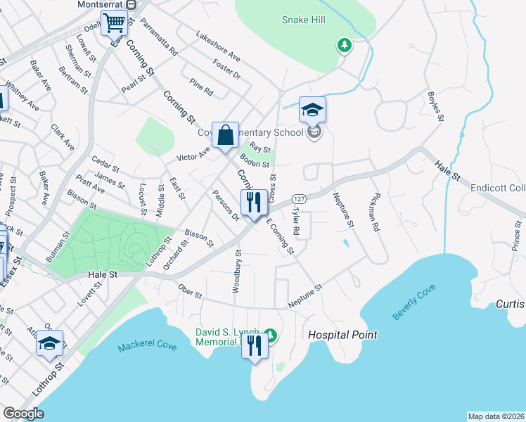 map of restaurants, bars, coffee shops, grocery stores, and more near 112 Corning Street in Beverly