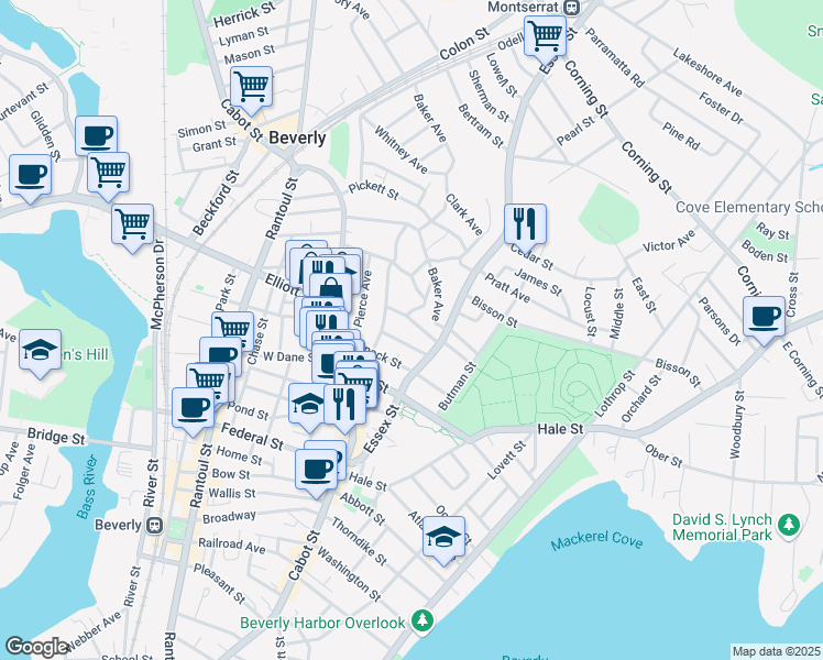 map of restaurants, bars, coffee shops, grocery stores, and more near 10 Baker Avenue in Beverly