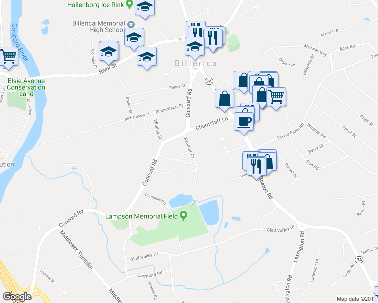 map of restaurants, bars, coffee shops, grocery stores, and more near 1A Kenmar Drive in Billerica