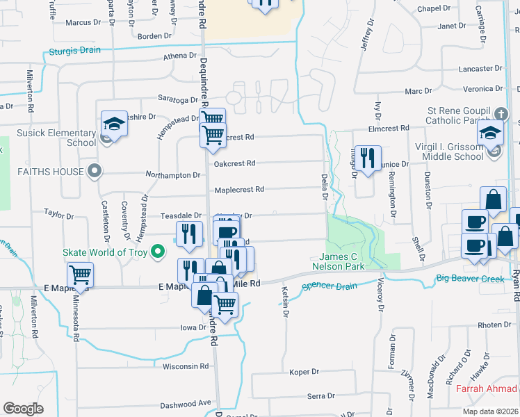 map of restaurants, bars, coffee shops, grocery stores, and more near 2232 Maplecrest Road in Sterling Heights