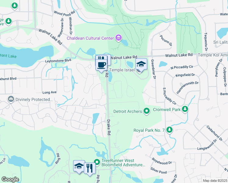 map of restaurants, bars, coffee shops, grocery stores, and more near 5655 Drake Hollow Drive West in West Bloomfield Township
