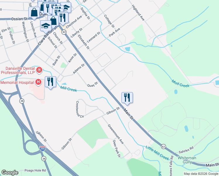 map of restaurants, bars, coffee shops, grocery stores, and more near 20 Matthews Trail in Dansville