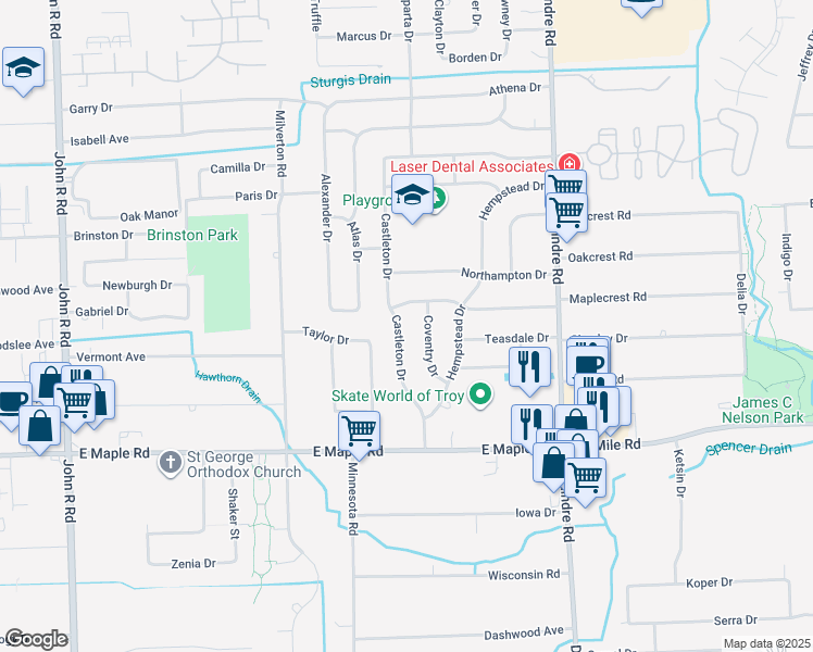 map of restaurants, bars, coffee shops, grocery stores, and more near 1854 Castleton Drive in Troy