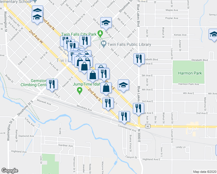map of restaurants, bars, coffee shops, grocery stores, and more near 125 Ketchum Street East in Twin Falls