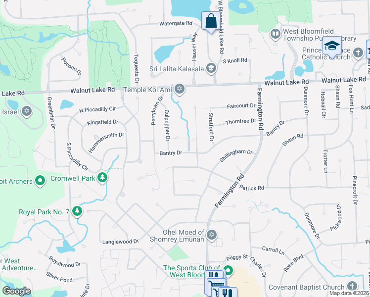 map of restaurants, bars, coffee shops, grocery stores, and more near 5756 Warrenshire Drive in West Bloomfield Township