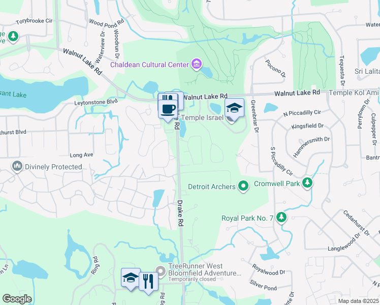 map of restaurants, bars, coffee shops, grocery stores, and more near 5655 Drake Hollow Drive West in West Bloomfield Township