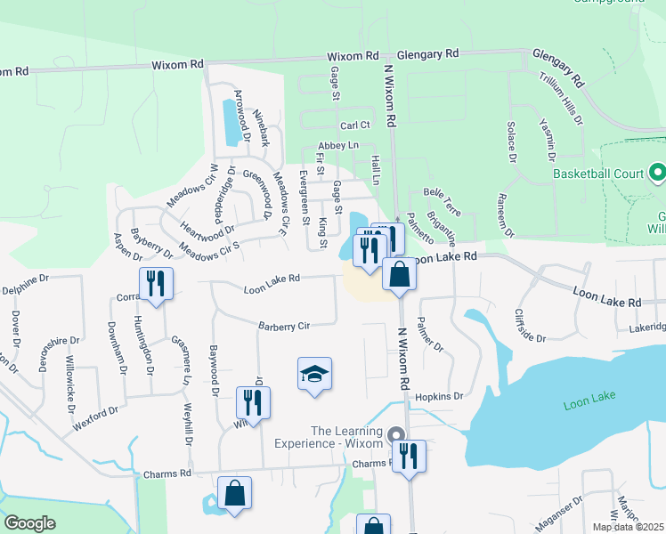 map of restaurants, bars, coffee shops, grocery stores, and more near 3516 Loon Lake Road in Wixom