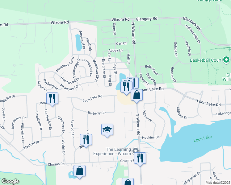 map of restaurants, bars, coffee shops, grocery stores, and more near 3516 Loon Lake Road in Wixom