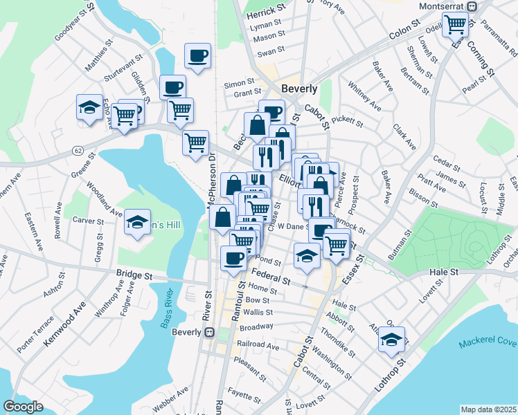map of restaurants, bars, coffee shops, grocery stores, and more near 38 Roundy Street in Beverly