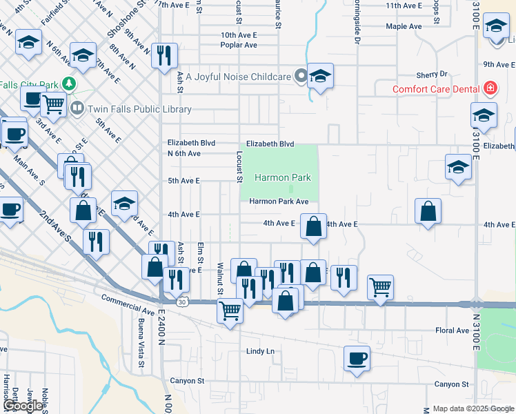 map of restaurants, bars, coffee shops, grocery stores, and more near 1534 Harmon Park Avenue in Twin Falls
