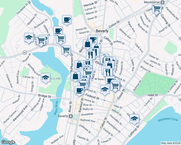map of restaurants, bars, coffee shops, grocery stores, and more near 375 Rantoul Street in Beverly