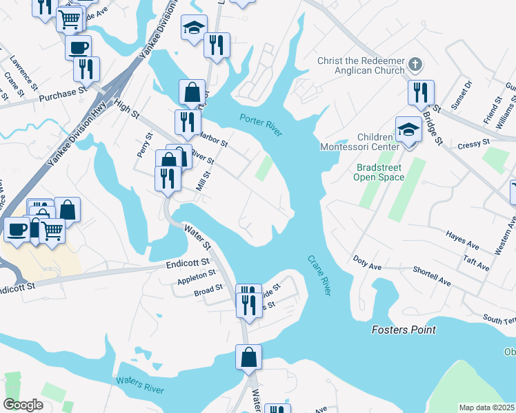 map of restaurants, bars, coffee shops, grocery stores, and more near 4 River Drive in Danvers