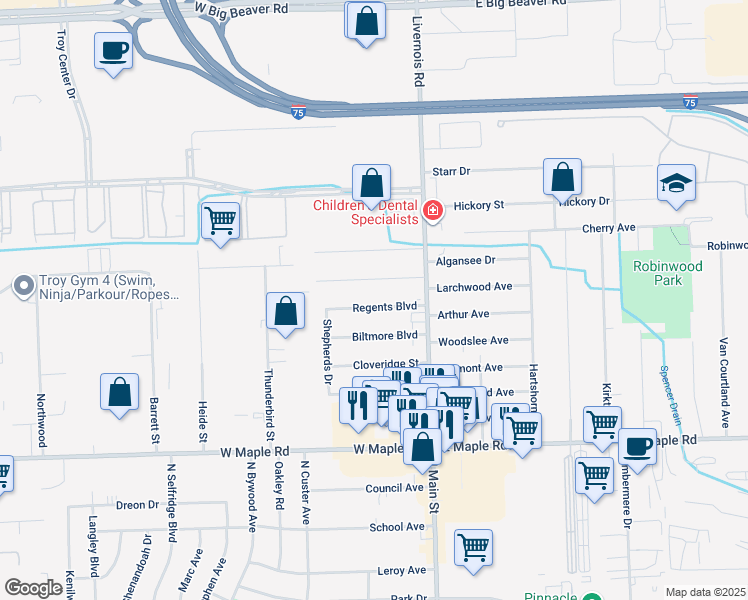 map of restaurants, bars, coffee shops, grocery stores, and more near 125 Tacoma Drive in Troy