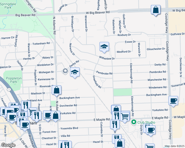 map of restaurants, bars, coffee shops, grocery stores, and more near 1754 Pembroke Road in Birmingham