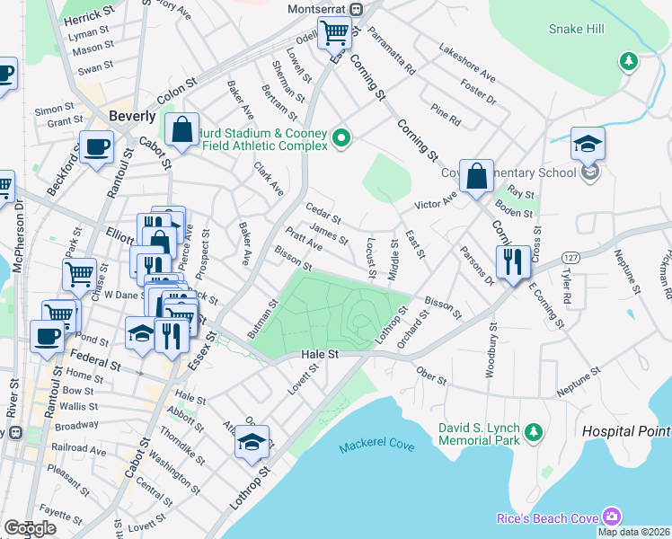 map of restaurants, bars, coffee shops, grocery stores, and more near 35 Pratt Avenue in Beverly