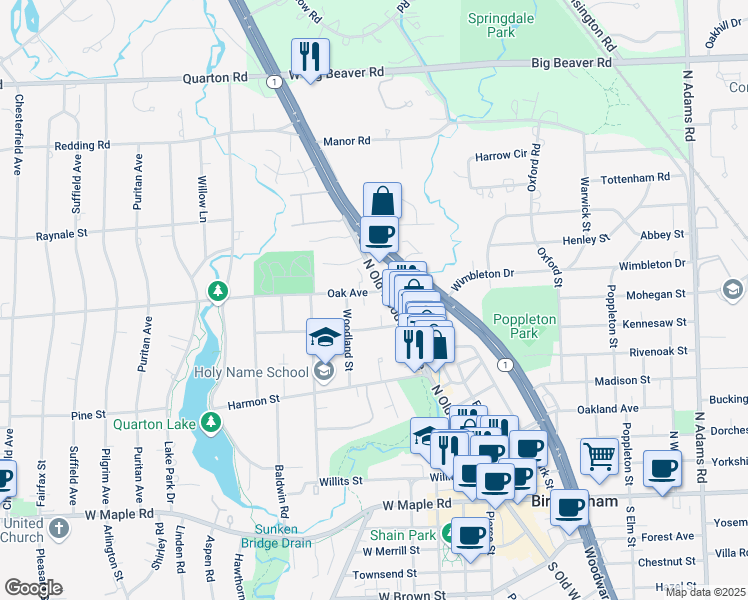 map of restaurants, bars, coffee shops, grocery stores, and more near 885 North Old Woodward Avenue in Birmingham