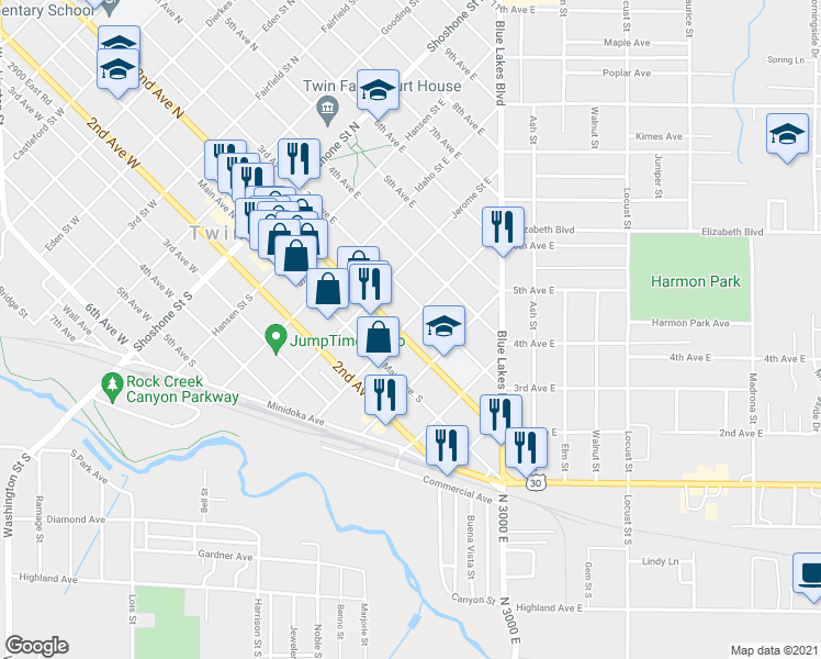 map of restaurants, bars, coffee shops, grocery stores, and more near 506 3rd Avenue East in Twin Falls