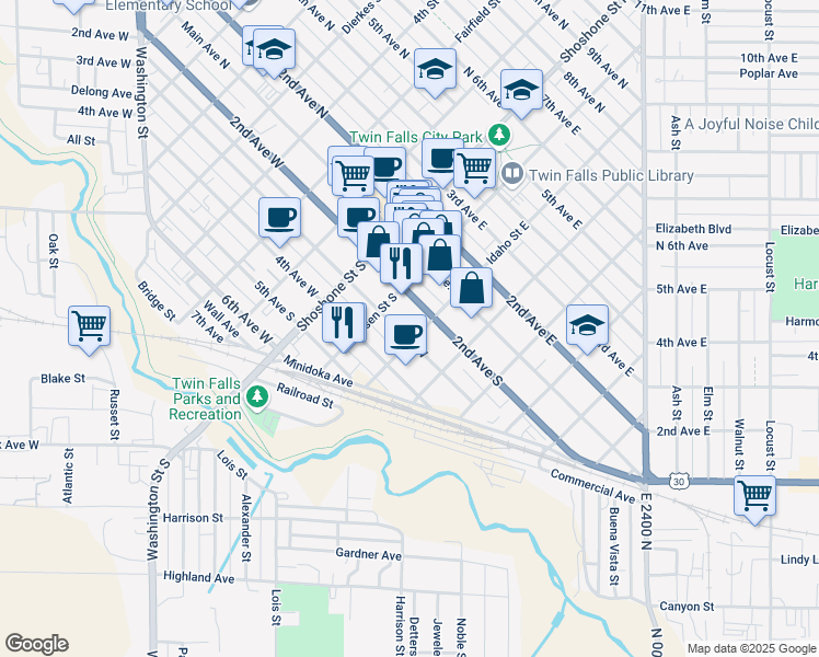 map of restaurants, bars, coffee shops, grocery stores, and more near 242 2nd Ave S in Twin Falls