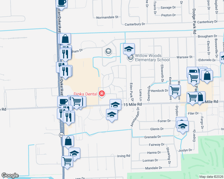 map of restaurants, bars, coffee shops, grocery stores, and more near 35218 Taffy Drive in Sterling Heights
