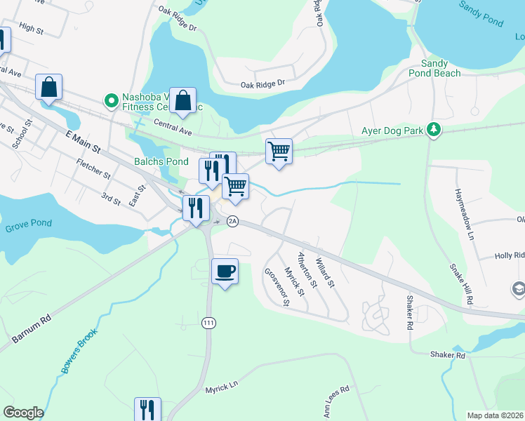 map of restaurants, bars, coffee shops, grocery stores, and more near 4 Littleton Road in Ayer