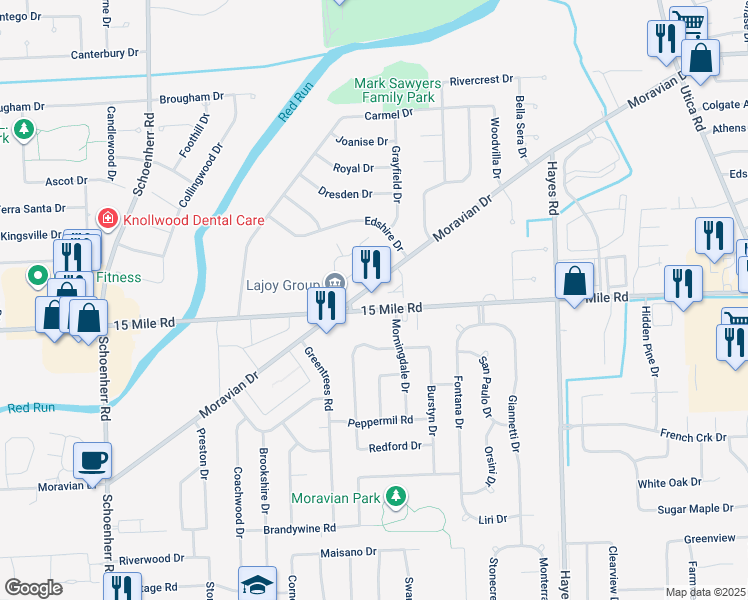 map of restaurants, bars, coffee shops, grocery stores, and more near 14515 15 Mile Rd in Sterling Heights