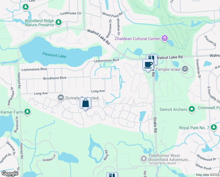map of restaurants, bars, coffee shops, grocery stores, and more near 5661 Burrell Street in West Bloomfield Township