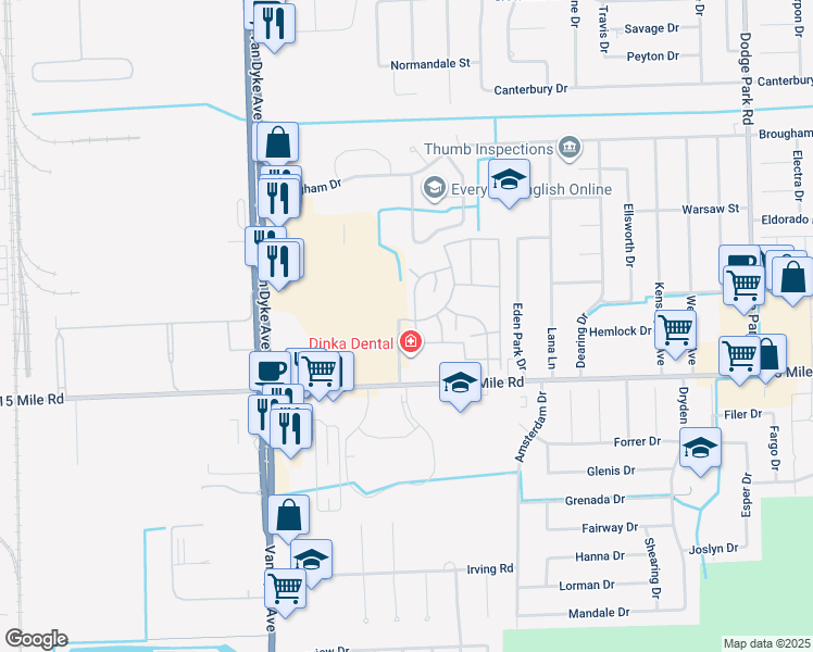 map of restaurants, bars, coffee shops, grocery stores, and more near 8632 Tanglewood Drive in Sterling Heights