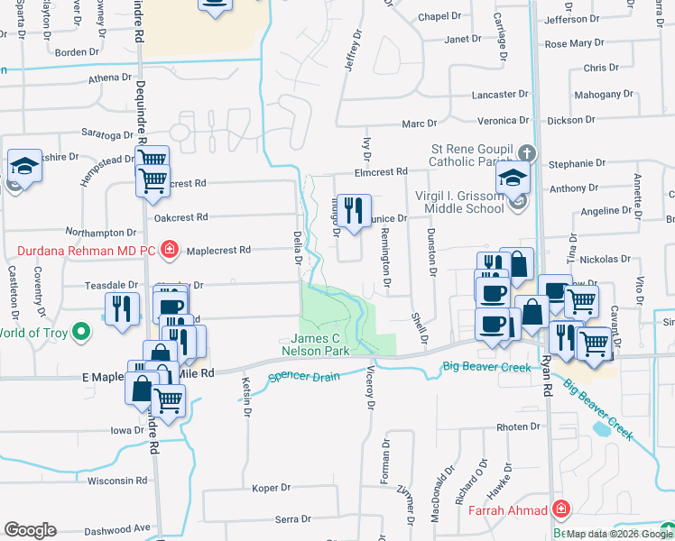 map of restaurants, bars, coffee shops, grocery stores, and more near 35549 Connecticut Drive in Sterling Heights