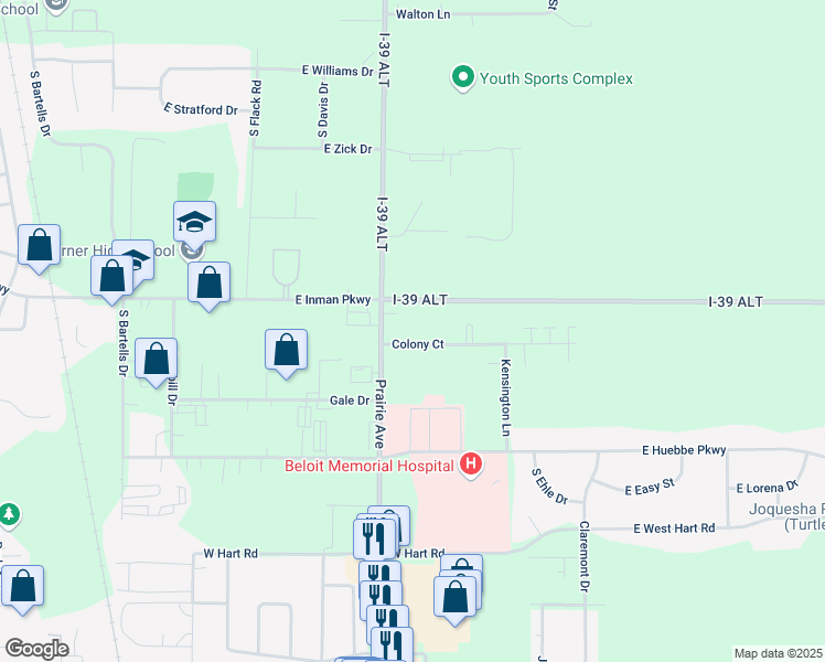 map of restaurants, bars, coffee shops, grocery stores, and more near 1929 Colony Court in Beloit