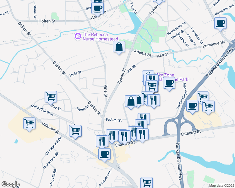 map of restaurants, bars, coffee shops, grocery stores, and more near 115 Sylvan Street in Danvers