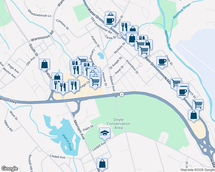 map of restaurants, bars, coffee shops, grocery stores, and more near 45 Hoover Street in Leominster
