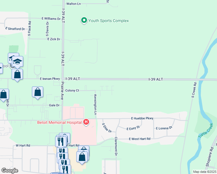 map of restaurants, bars, coffee shops, grocery stores, and more near 2117 Colony Court in Beloit