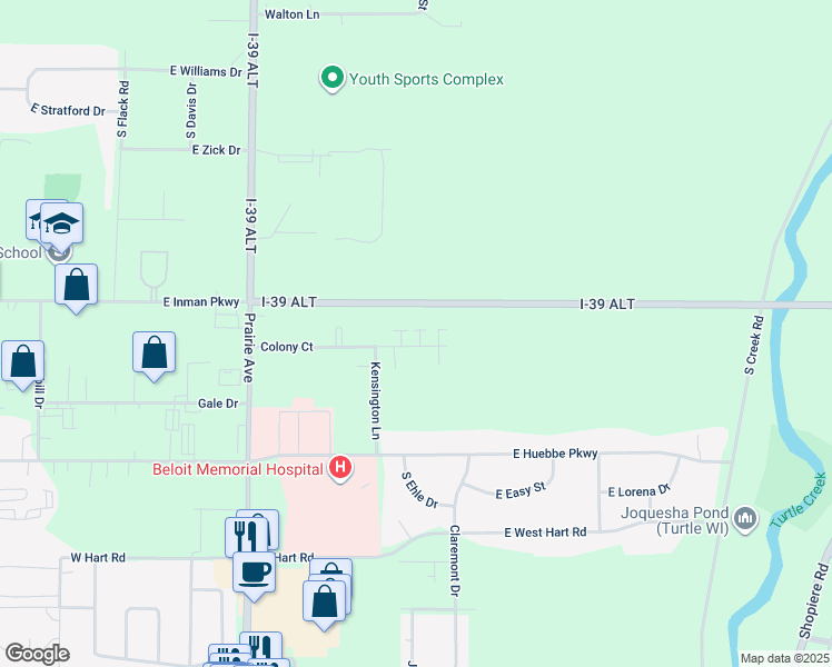 map of restaurants, bars, coffee shops, grocery stores, and more near 2080 East Inman Parkway in Beloit