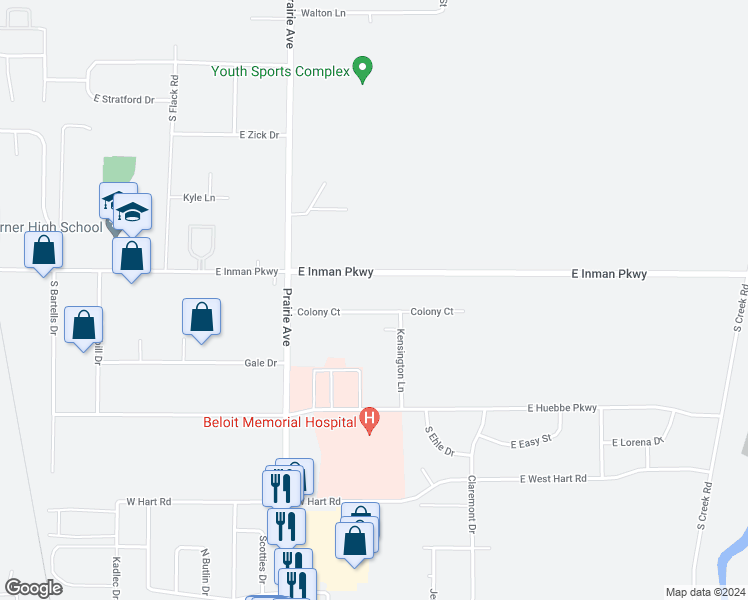 map of restaurants, bars, coffee shops, grocery stores, and more near 1984 East Inman Parkway in Beloit