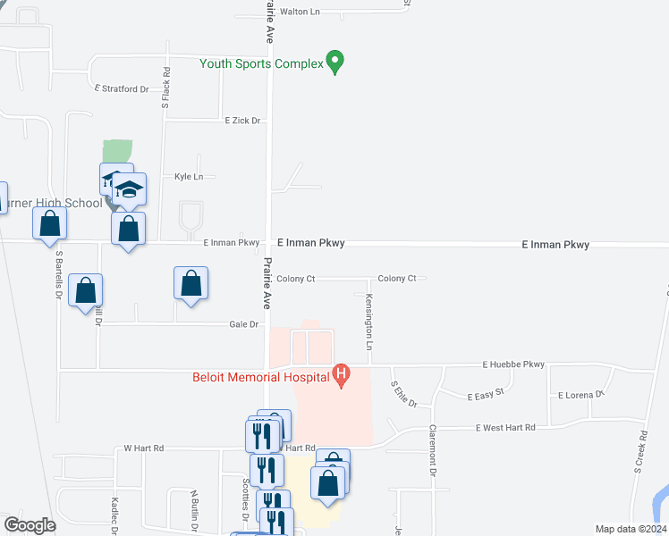 map of restaurants, bars, coffee shops, grocery stores, and more near 1984 East Inman Parkway in Beloit