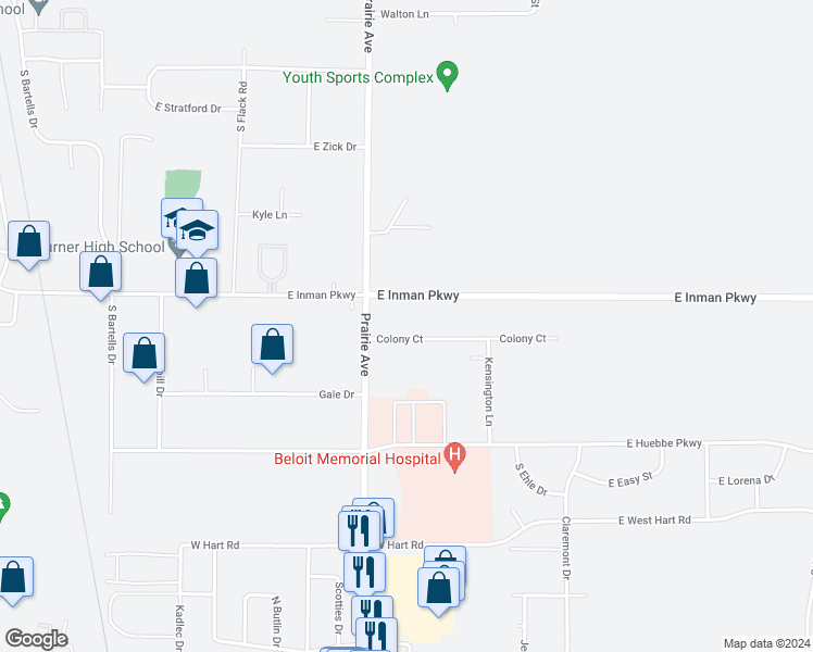 map of restaurants, bars, coffee shops, grocery stores, and more near 1939 Colony Court in Beloit