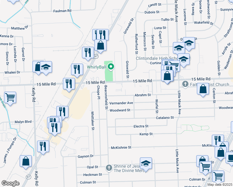 map of restaurants, bars, coffee shops, grocery stores, and more near 19759 Abrahm Street in Clinton Township