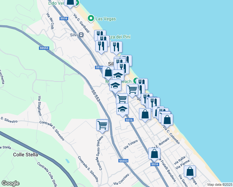 map of restaurants, bars, coffee shops, grocery stores, and more near 329 Via Roma in Silvi