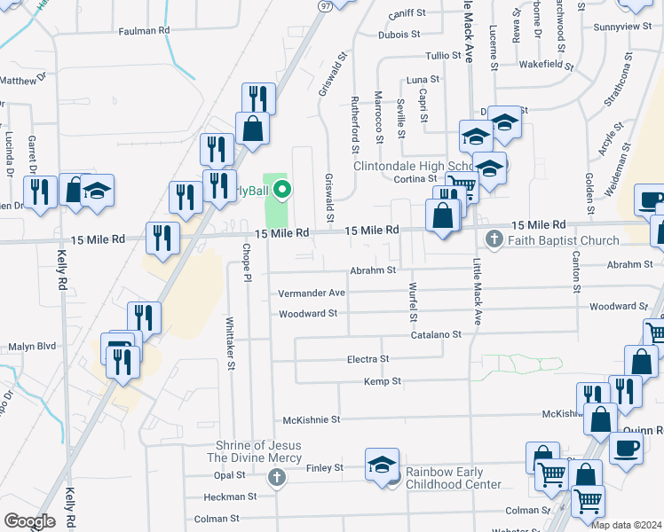 map of restaurants, bars, coffee shops, grocery stores, and more near 19897 Susan Court in Charter Township of Clinton