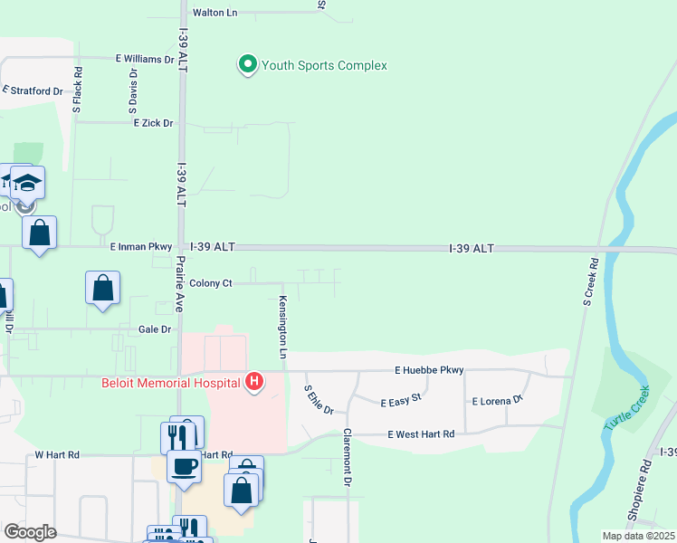 map of restaurants, bars, coffee shops, grocery stores, and more near 2117 Colony Court in Beloit