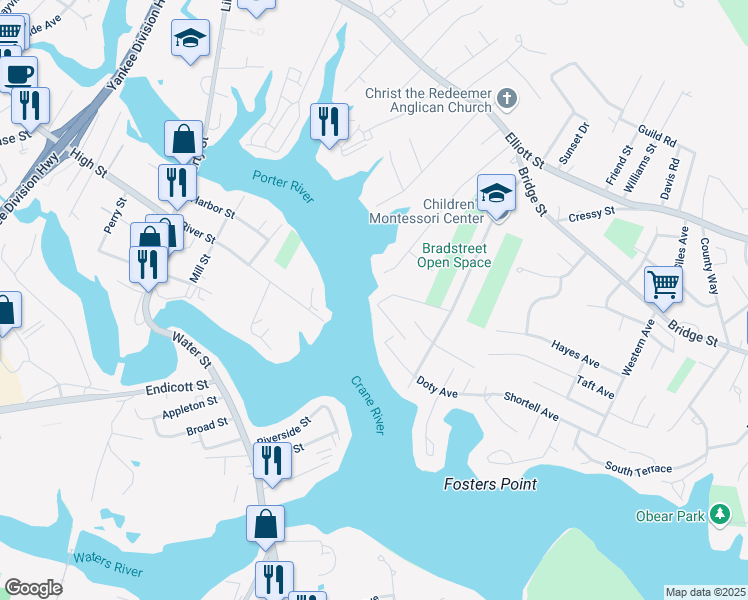 map of restaurants, bars, coffee shops, grocery stores, and more near 5 Hussey Avenue in Danvers