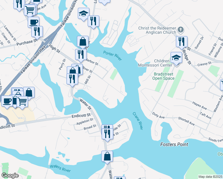 map of restaurants, bars, coffee shops, grocery stores, and more near 3 River Drive in Danvers