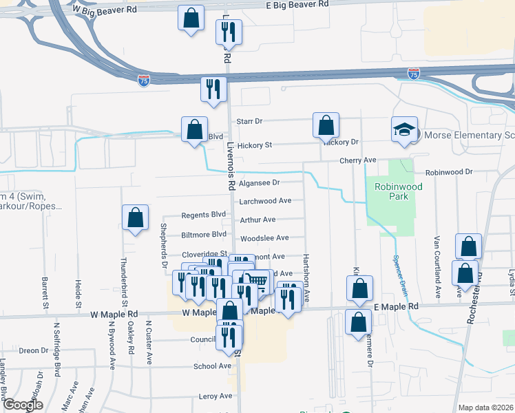 map of restaurants, bars, coffee shops, grocery stores, and more near 109 Larchwood Drive in Troy