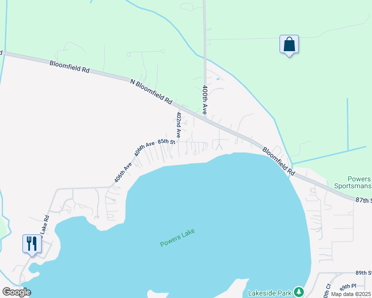 map of restaurants, bars, coffee shops, grocery stores, and more near 40119 85th Street in Genoa City