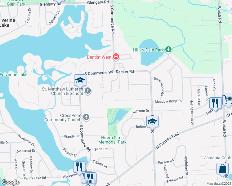 map of restaurants, bars, coffee shops, grocery stores, and more near 1412 Hidden Meadows Drive East in Walled Lake