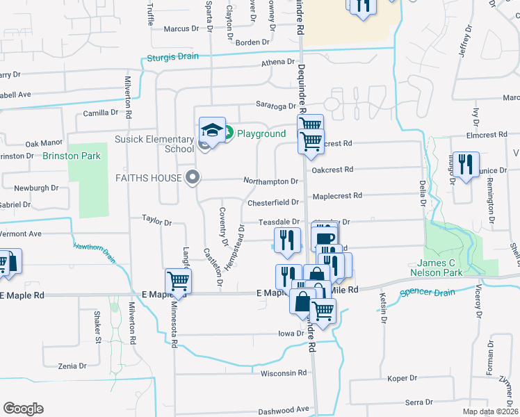 map of restaurants, bars, coffee shops, grocery stores, and more near 2863 Chesterfield Drive in Troy
