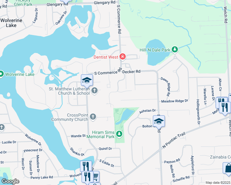 map of restaurants, bars, coffee shops, grocery stores, and more near 2117 Hidden Meadows Drive in Walled Lake