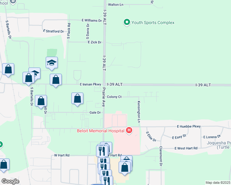 map of restaurants, bars, coffee shops, grocery stores, and more near 1939 Colony Court in Beloit