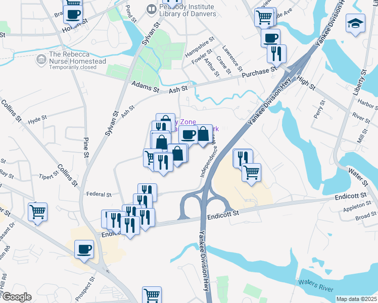 map of restaurants, bars, coffee shops, grocery stores, and more near 240 Independence Way in Danvers